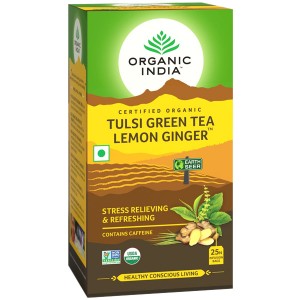 Чай из Тулси с Зелёным чаем, Лимоном и Имбирём Органик Индия (Tulsi Green Tea Lemon Ginger Organic India ), 25 пакетиков